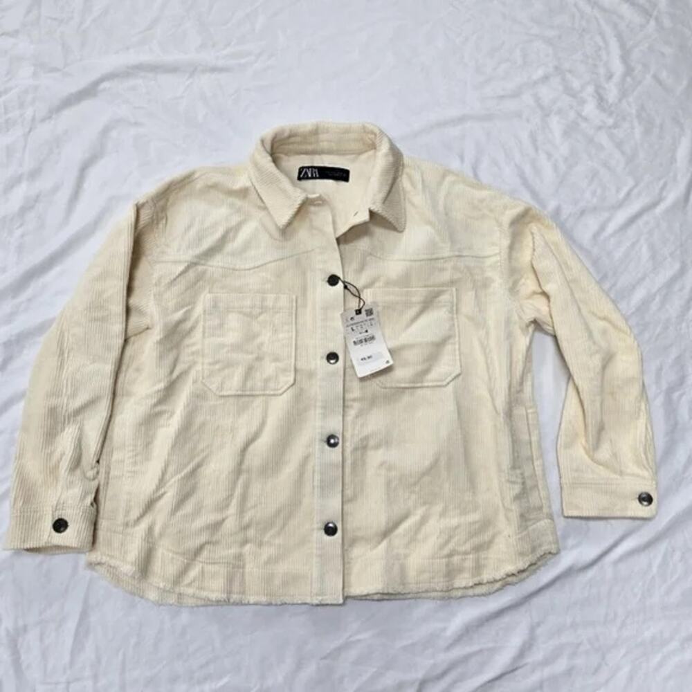 New Zara Cream Corduroy Button Down Shacket Sweater